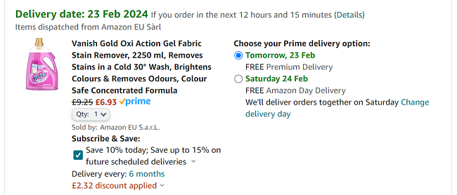 Screenshot showing Vanish Gold Oxi Action Gel Fabric Stain Remover 2250ml for £6.93 at Amazon