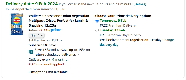 Screenshot showing Walkers Cheese and Onion 12 x 25g Multipack for £2.33 at Amazon