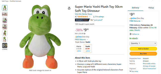 Screenshot showing Super Mario Yoshi Plush Toy 30cm for £9.99 at Amazon