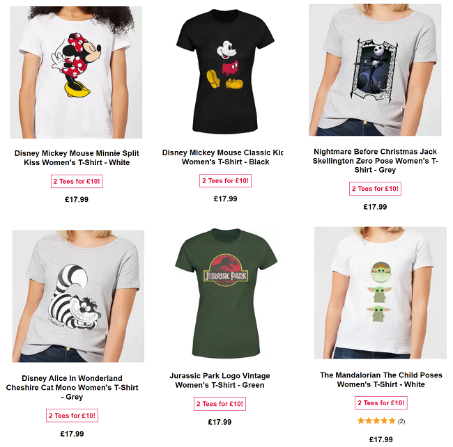 Screenshot of 2 For £10 Women's Character T-Shirts offer at Zavvi
