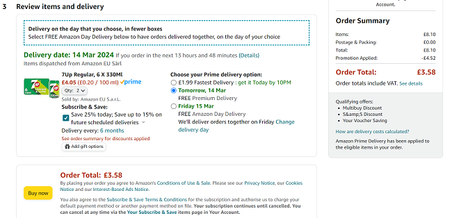 Screenshot showing 7Up 6 x 330ml Cans 2 Packs for £3.58 at Amazon