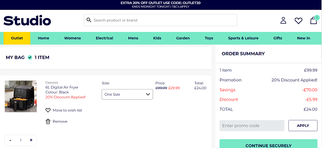 Screenshot showing Daewoo 6L Digital Air Fryer for £24 with code at Studio