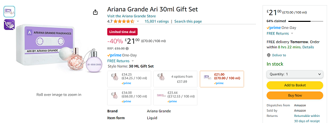 Screenshot showing Ariana Grande Ari 30ml Gift Set for £21 at Amazon