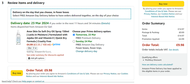 Screenshot showing Avon Skin So Soft Dry Oil Body Spray 3 for £9.98 at Amazon