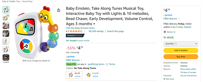 Screenshot showing Baby Einstein Take Along Tunes Musical Baby Toy for £4.79 at Amazon