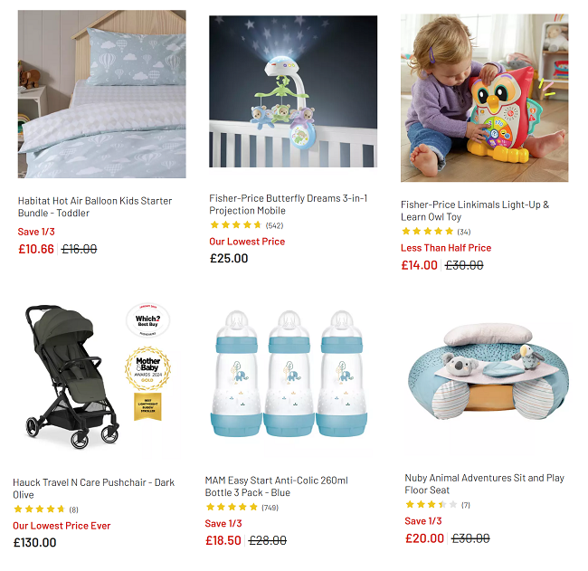 Screenshot showing Baby & Toddler Event offers at Argos