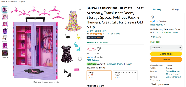 Screenshot showing Barbie Fashionistas Ultimate Closet for £9.99 at Amazon