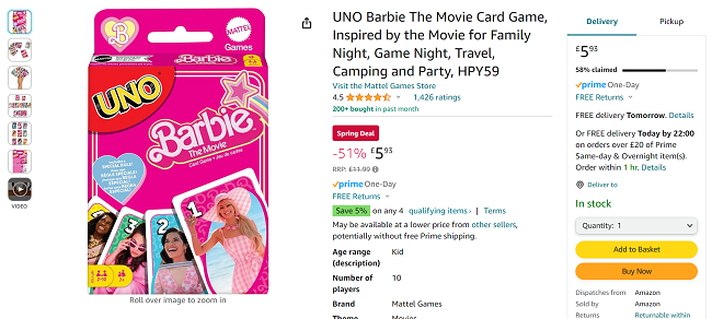 Screenshot showing UNO Barbie The Movie fpr £5.93 at Amazon