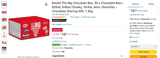 Screenshot showing Nestlé The Big Chocolate Box for £16.90 at Amazon