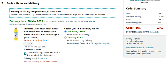 Screenshot showing Domestos Citrus Fresh Thick Bleach 750ml 3 for £2.62 at Amazon