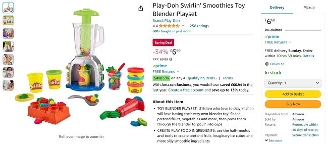 Screenshot showing Play-Doh Swirlin Smoothies Blender Playset for £6.60 at Amazon