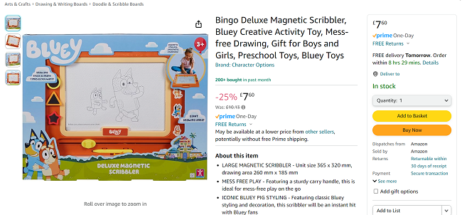 Screenshot showing Bluey Bingo Deluxe Magnetic Scribbler for £7.60 at Amazon