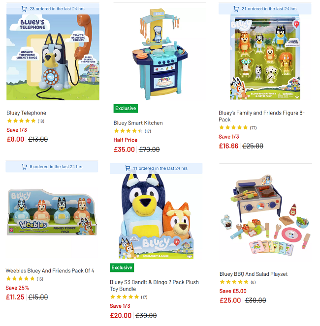 Screenshot showing reduced Bluey toys at Argos 