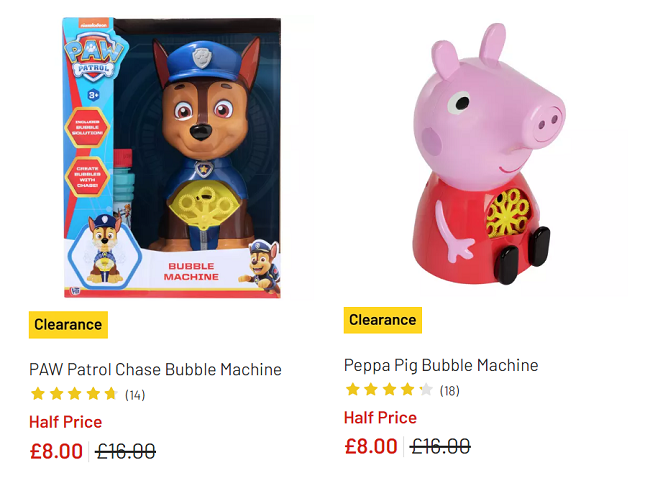 Screenshot showing Paw Patrol and Peppa Pig Bubble Machines for £8 each at Argos