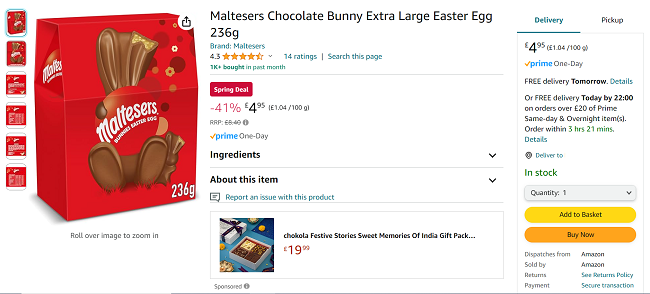Screenshot showing Maltesers Chocolate Bunny Extra Large Easter Egg 236g for £4.95 at Amazon