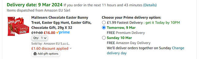 Screenshot showing Maltesers Chocolate Easter Bunny 29g x 32 for £16 at Amazon