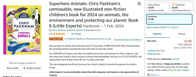 Screenshot showing Chris Packham Superhero Animals Hardback Book for £2.90 at Amazon
