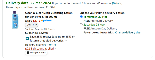 Screenshot showing Clean & Clear Cleansing Lotion for Sensitive Skin for £1.12 at Amazon