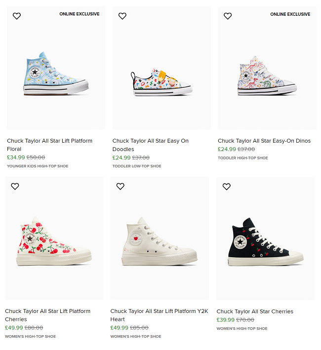 Screenshot of sale items at Converse