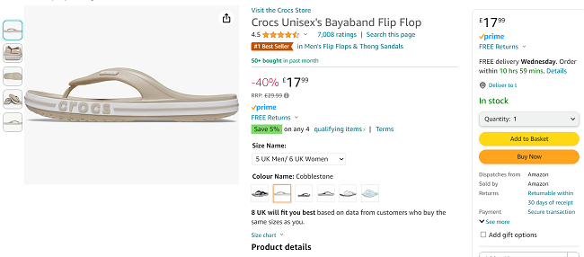 Screenshot showing Crocs Unisex's Bayaband Flip Flop for £17.99 at Amazon