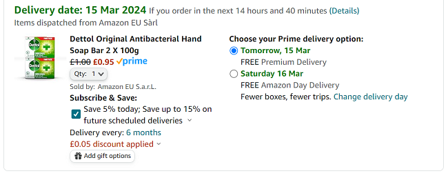 Screenshot showing Dettol Original Antibacterial Hand Soap Bar 2 X 100g for 95p at Amazon
