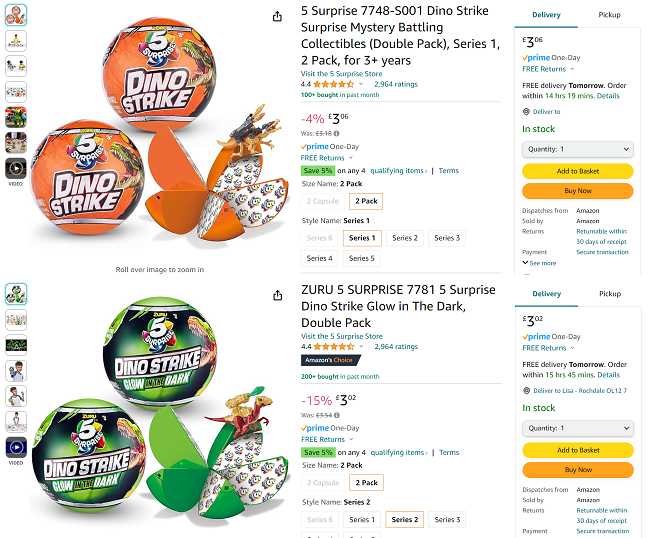 Screenshot showing ZURU 5 Surprise Dino Strike Surprise Collectibles Double Pack for £3.06 at Amazon