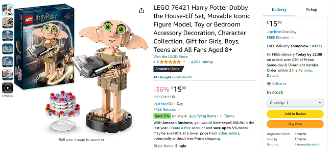 Screenshot showing LEGO 76421 Harry Potter Dobby the House-Elf for £15.99 at Amazon