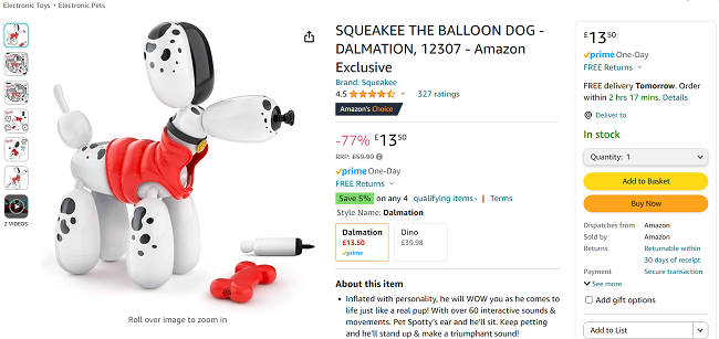 Screenshot showing Squeakee The Balloon Dog Dalmatian for £13.50 at Amazon