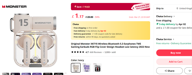Monster XKT15 Wireless Bluetooth 5.3 Earphones from £1.17 @ AliExpress