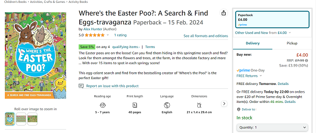 Screenshot showing Where's the Easter Poo?: A Search & Find Eggs-travaganza book for £4 at Amazon