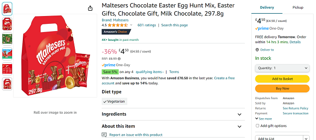 Screenshot showing Maltesers Chocolate Easter Egg Hunt Mix for £4.50 at Amazon