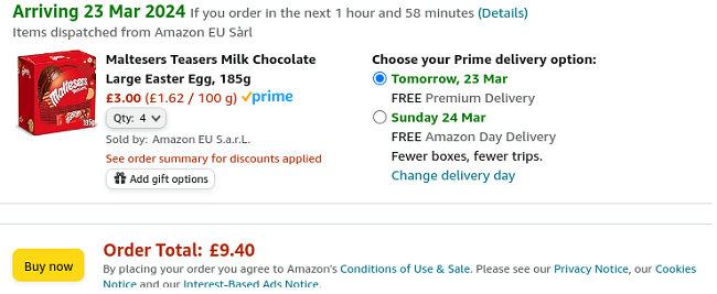 Screenshot showing Maltesers Teasers Milk Chocolate Large Easter Egg, 185g 4 for £9.60 at Amazon