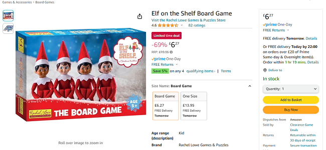 Screenshot showing Elf on the Shelf Board Game for £6.27 at Amazon / Clearance Game Deals