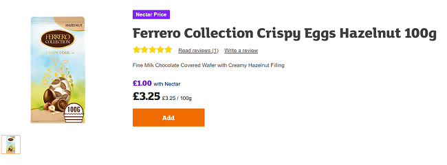 Screenshot showing Ferrero Collection Crispy Eggs Hazelnut 100g for £1 at Sainsbury's