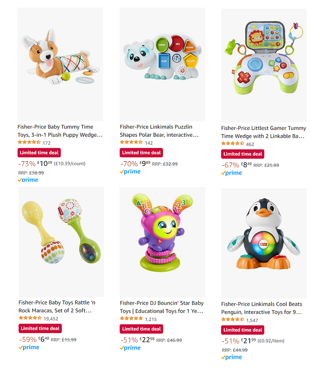 Screenshot showing reduced Fisher-Price toys at Amazon