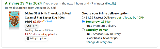 Screenshot showing Divine Milk Chocolate Salted Caramel Flat Easter Egg 100g for £2.50 at Amazon