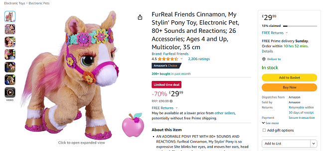 Screenshot showing FurReal Friends Cinnamon My Stylin’ Pony for £29.99 at Amazon