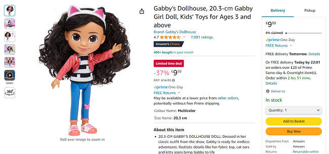 Screenshot showing Gabby's Dollhouse Doll for £9.50 at Amazon