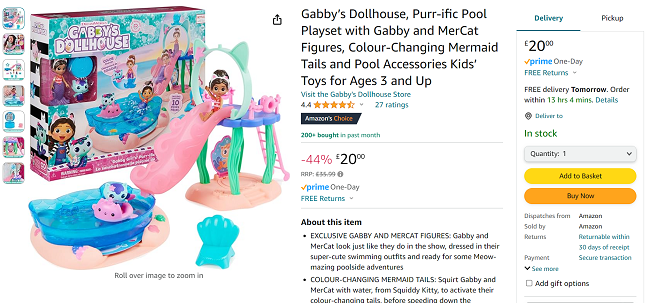 Screenshot showing Gabby’s Dollhouse Purr-ific Pool Playset for £20 at Amazon