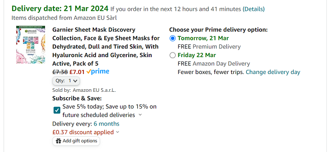 Screenshot showing Garnier Tissue Mask Discovery Collection for £7.01 at Amazon