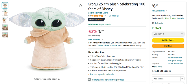 Screenshot showing Star Wars Grogu 25cm Plush for £6.50 at Amazon