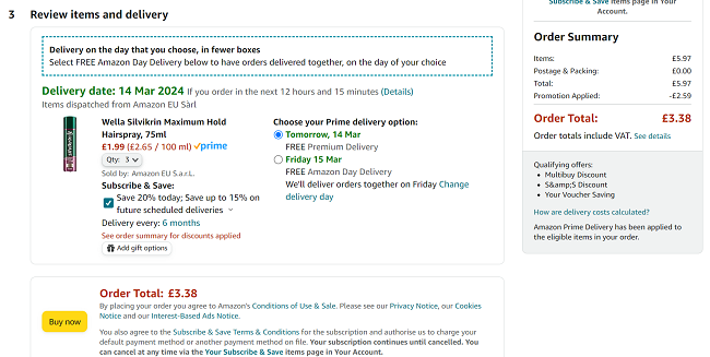 Screenshot showing Wella Silvikrin Maximum Hold Hairspray 75ml 3 for £3.38 at Amazon