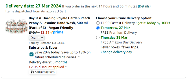 Screenshot showing Baylis & Harding Royale Garden Peach Peony & Jasmine Hand Wash, 500 ml (Pack of 6) for £8.11 at Amazon