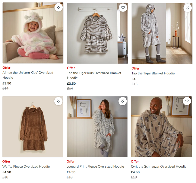 Screenshot showing Oversized Hoodies now from £3.50 at Dunelm