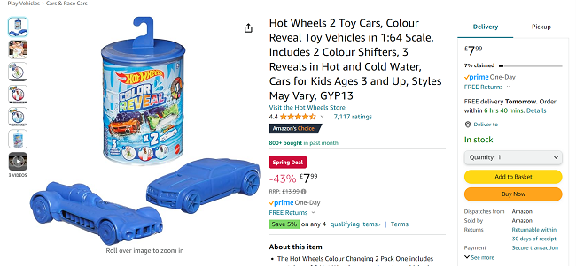 Screenshot showing Hot Wheels Colour Reveal 2 Pack for £7.99 at Amazon