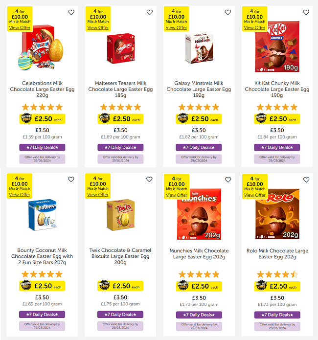 Screenshot showing 4 For £10 on Large Easter Eggs offer at Iceland