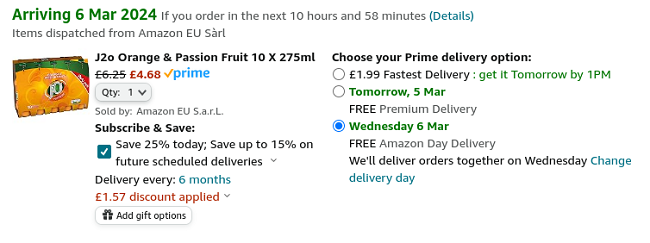 Screenshot showing J2O Fruit Juice, Orange and Passionfruit 275ml Bottle (Pack of 10) for £4.68 at Amazon