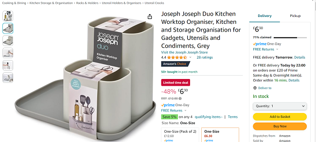 Screenshot showing Joseph Joseph Duo Kitchen Worktop Organiser for £6.30 at Amazon
