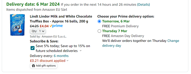 Screenshot showing Lindt Lindor Chocolate Truffles Box 200g £4.04 at Amazon