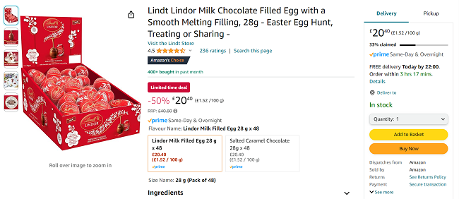 Screenshot showing Lindt Lindor Milk Chocolate Filled Egg 48 Pack for £20.40 at Amazon